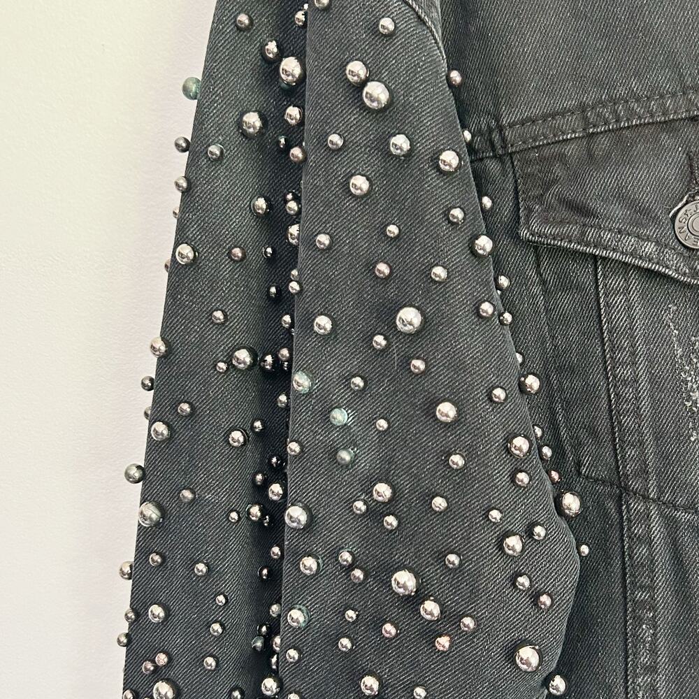Sunset + Spring Embellished Oversized Distressed Denim Jacket Size L Black - Picture 4 of 7